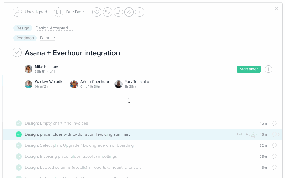 Time tracking inside Asana through Everhour