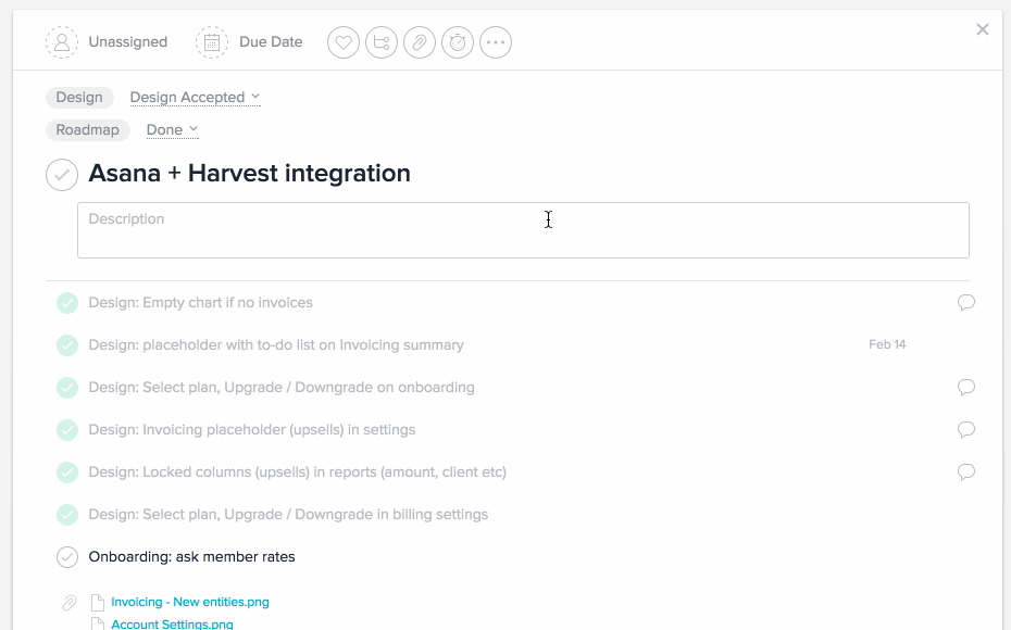 Harvest embed button in Asana