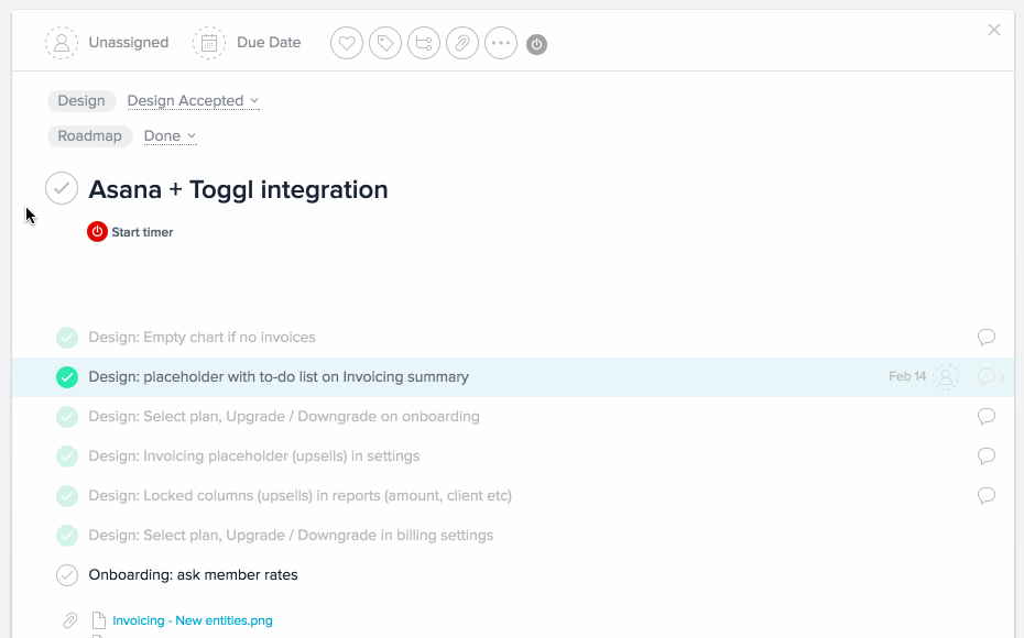 Toggl embed button in Asana