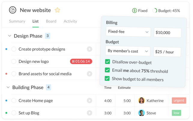 Multi-client project management interface showing tasks organized by client