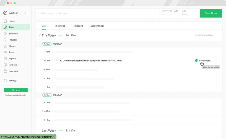 everhour freshdesk time tracking time page