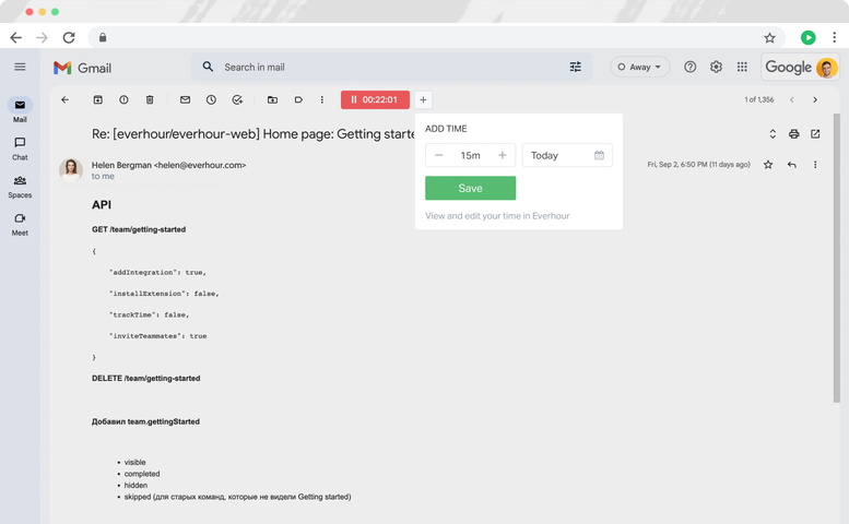 everhour gmail time tracking controls