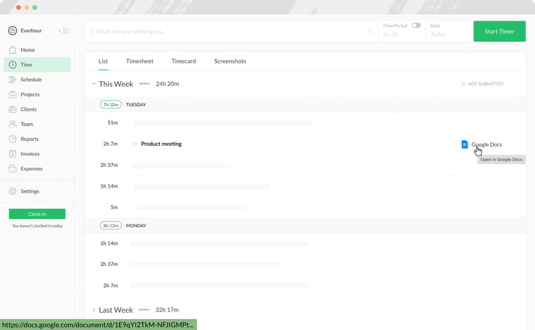 everhour google docs time tracking time page