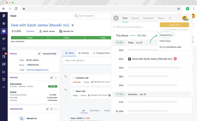 everhour pipedrive time tracking authorize