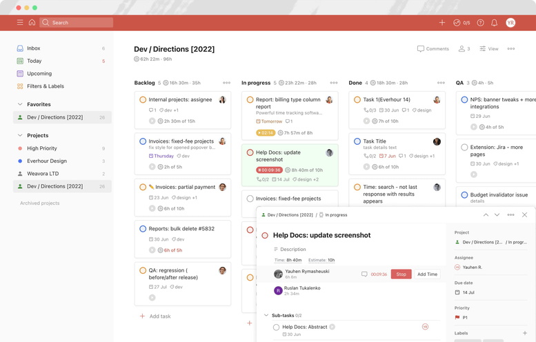 everhour todoist time tracking controls