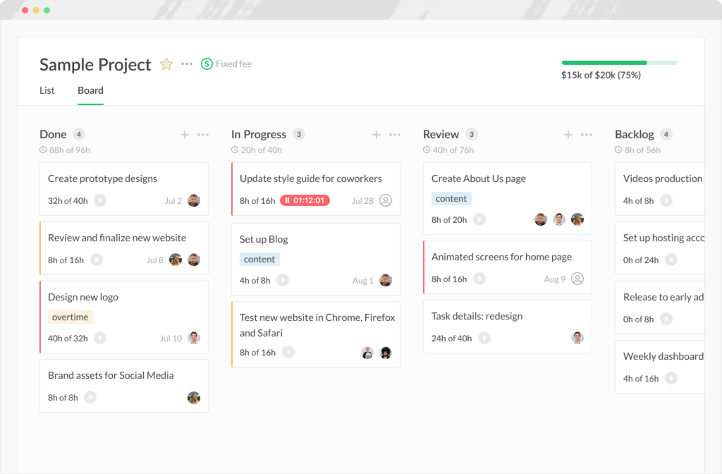 Projects board-view in Everhour screenshot