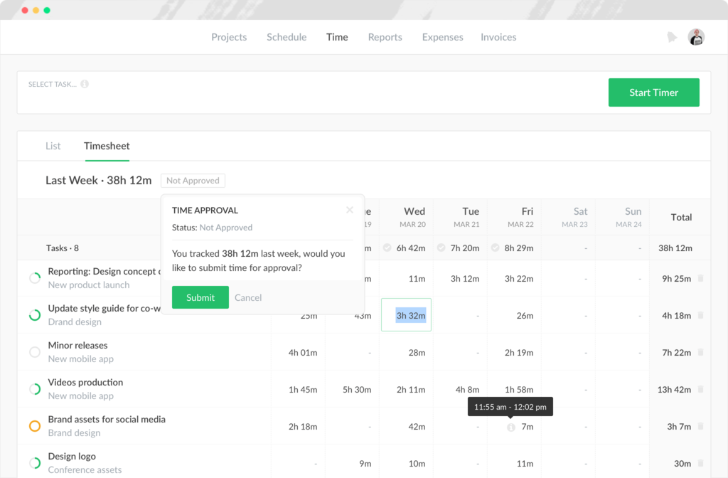 Team timesheet dashboard in Everhour