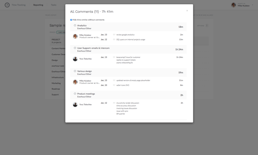 comments column in reports