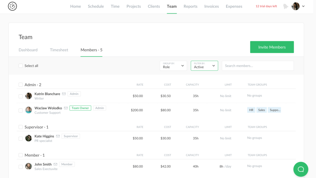 manage your staff on team page
