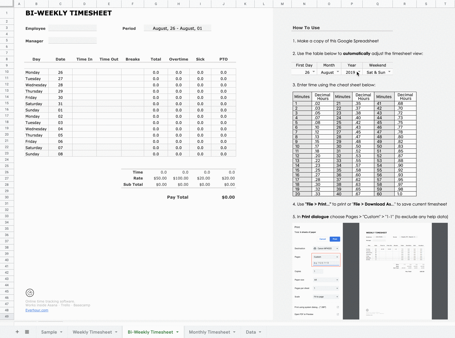 time card calculator and timesheet: weekly, biweekly, with lunch breaks