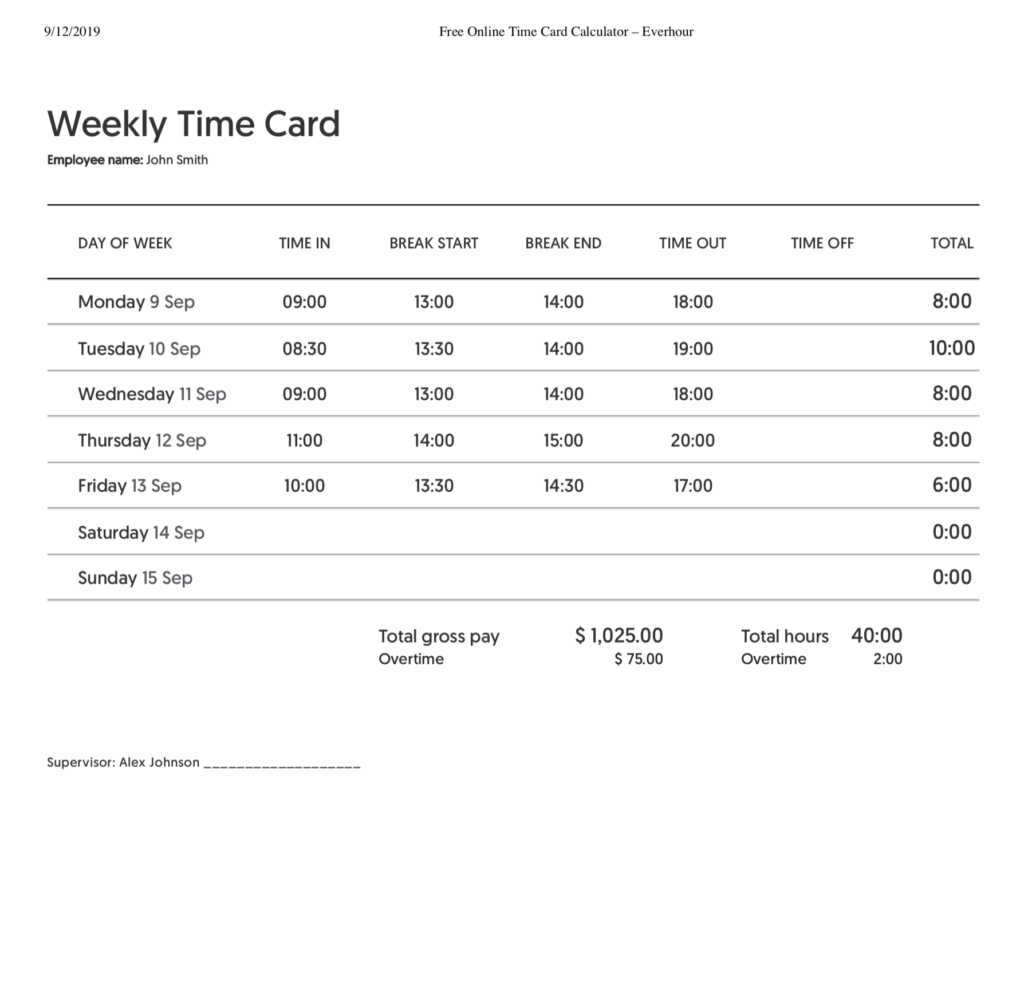 time card calculator and timesheet: weekly, biweekly, with lunch breaks