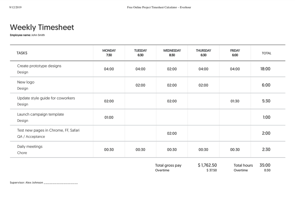 Weekly Timesheet Time Card Calculator With Lunch Breaks