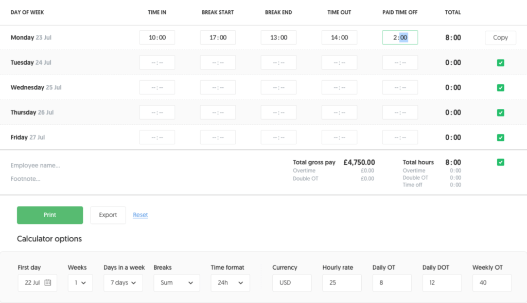 time card calculator and timesheet: weekly, biweekly, with lunch breaks