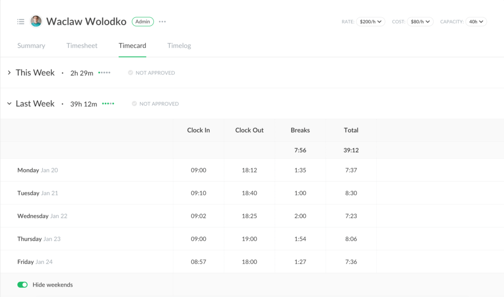 clock in and clock out for tracking work hours vs project hours