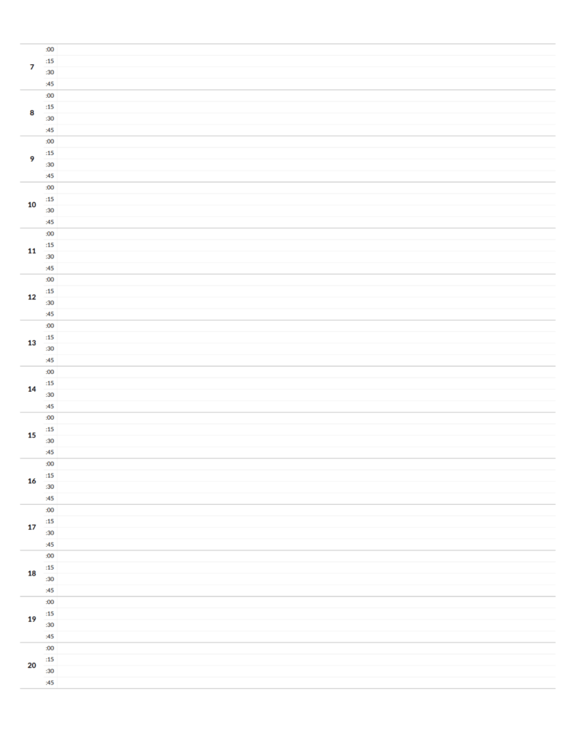 daily schedule template 15 minute intervals