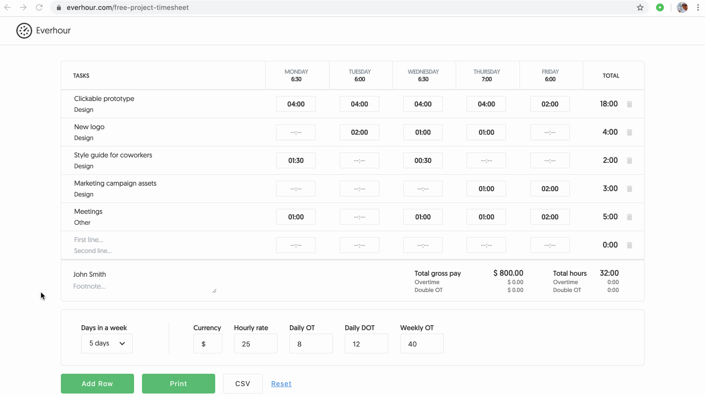 time card calculator and timesheet: weekly, biweekly, with lunch breaks