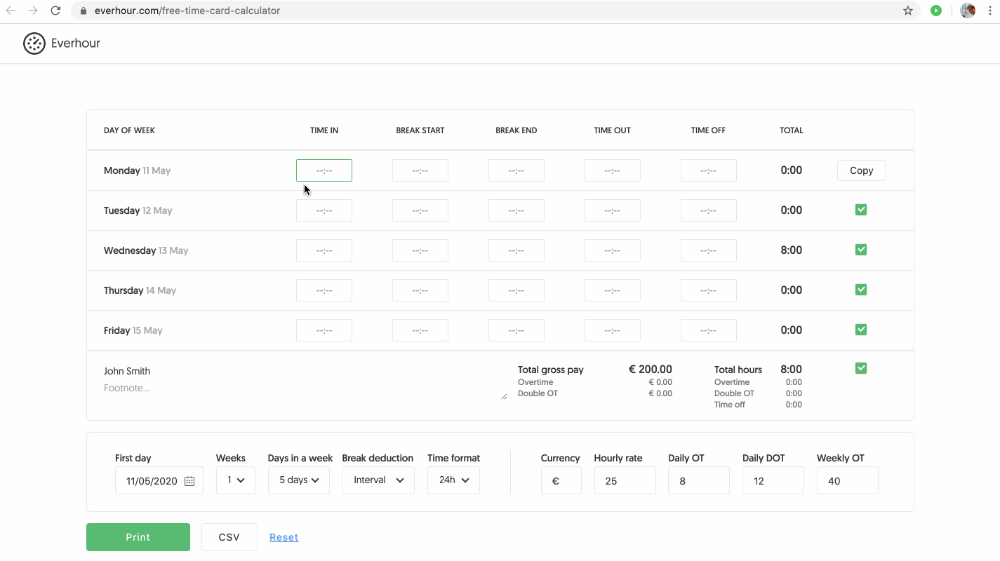 time card calculator and timesheet: weekly, biweekly, with lunch breaks