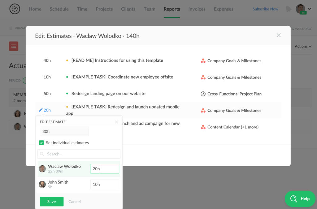 reports: edit estimates, icon and color