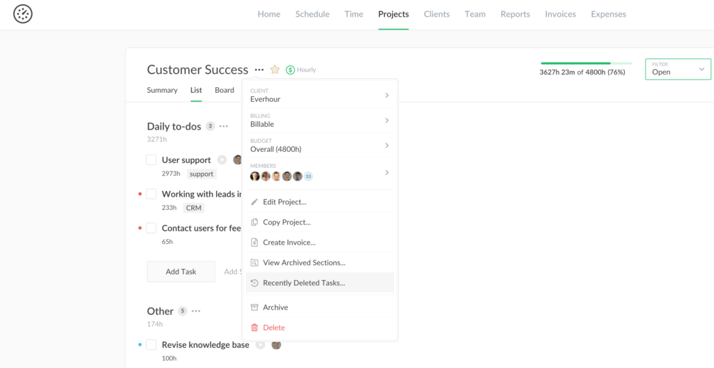 task assignee in internal projects, restore removed tasks and resync reports