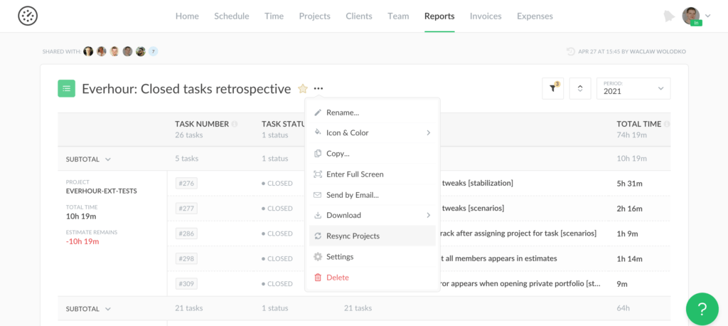 task assignee in internal projects, restore removed tasks and resync reports