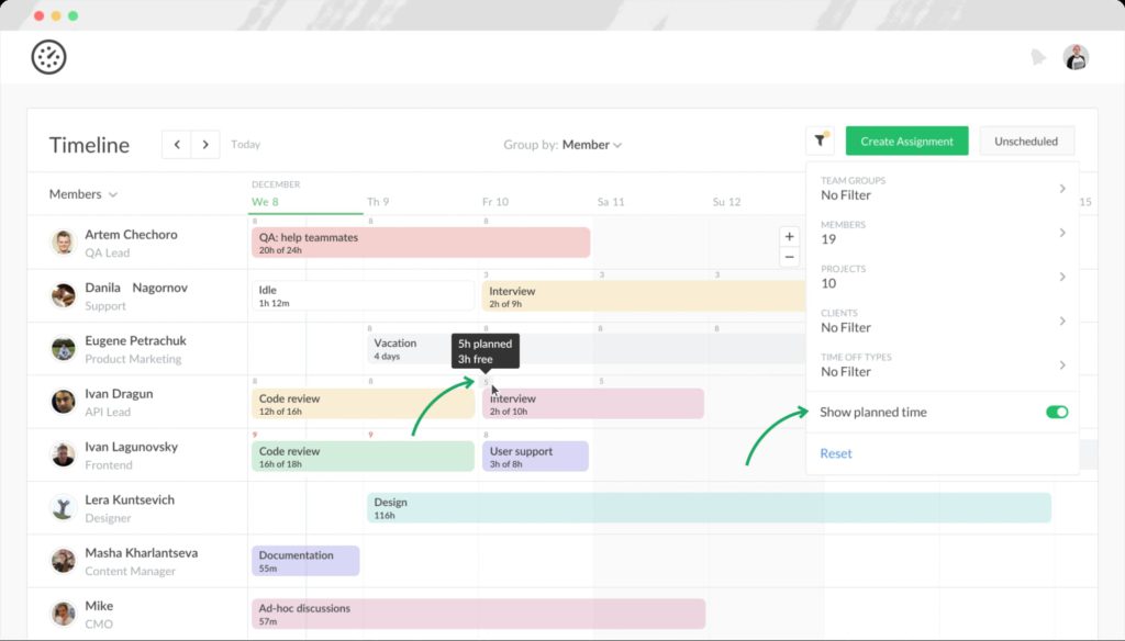 billable seats and planned time on timeline