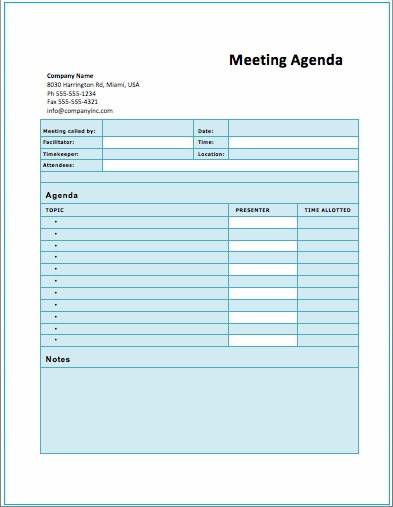 meeting agenda excel template